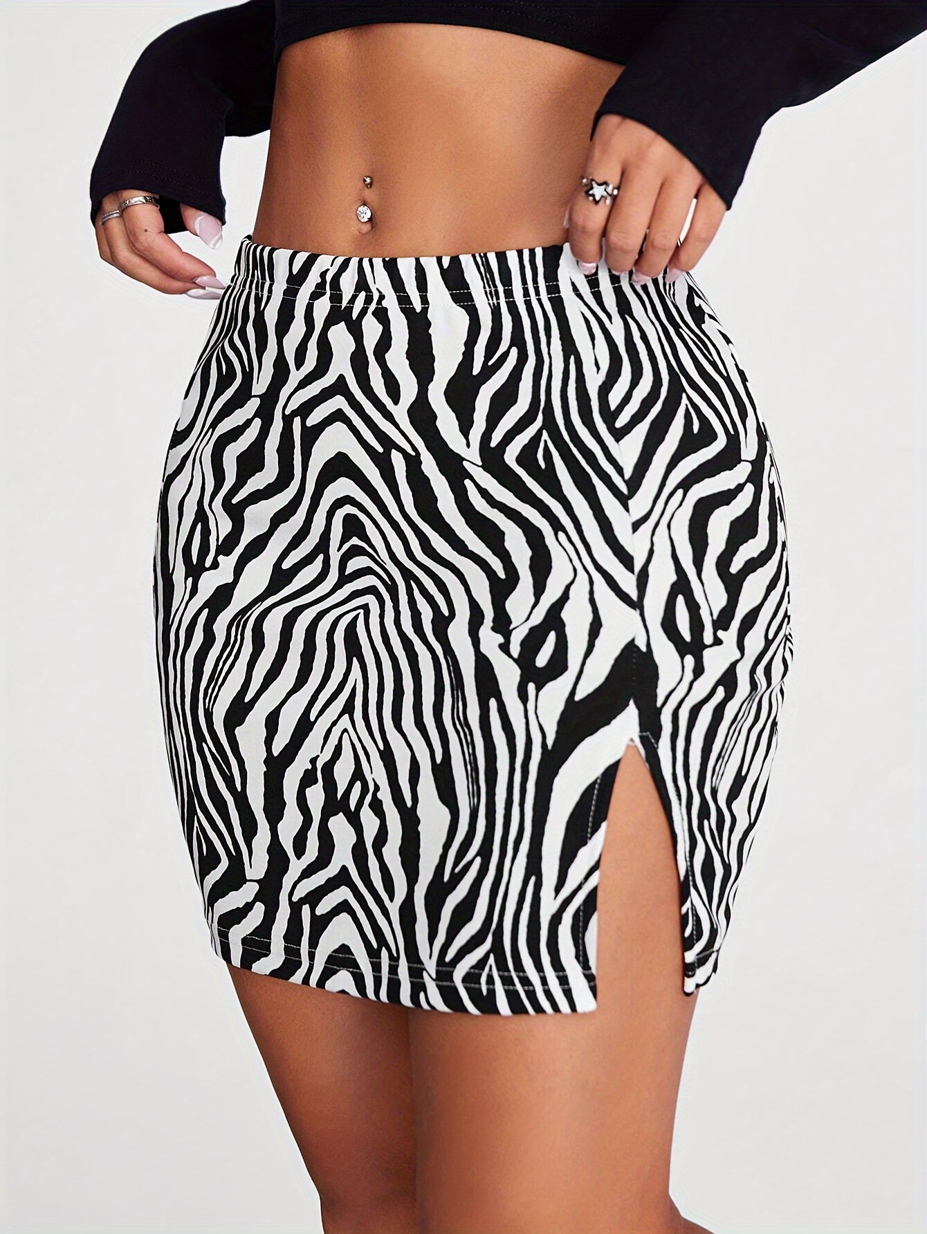 High-Waisted Jersey Skirt With Asymmetrical Hem, Polyester And Spandex Blend, Elegant And Flattering Fit, Random Print, Mid-Calf Length MyFave Boutique