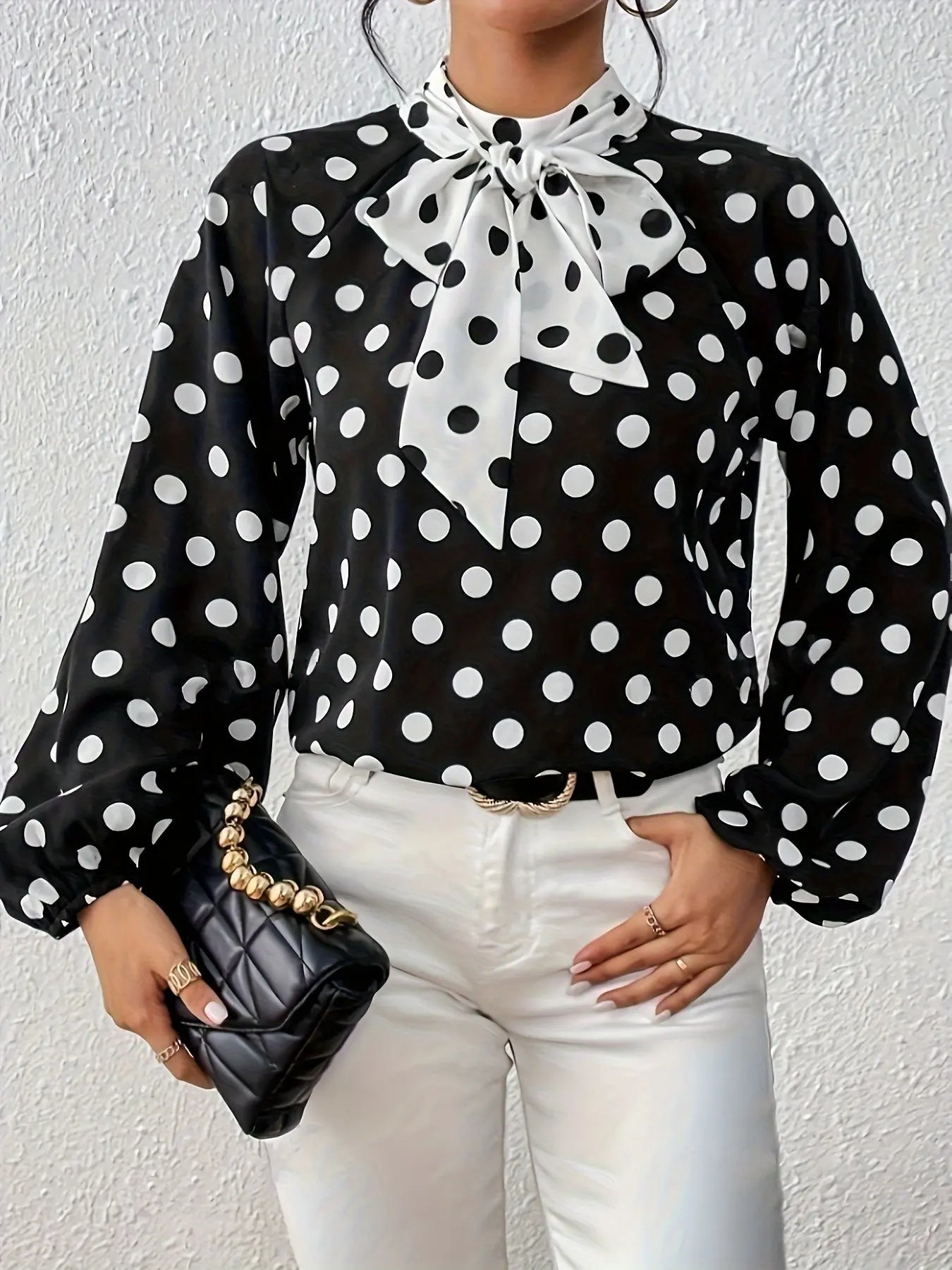 Polka Dot Print Tie Neck Blouse, Elegant Lantern Sleeve Top For Spring & Fall, Women's Clothing MyFave Boutique