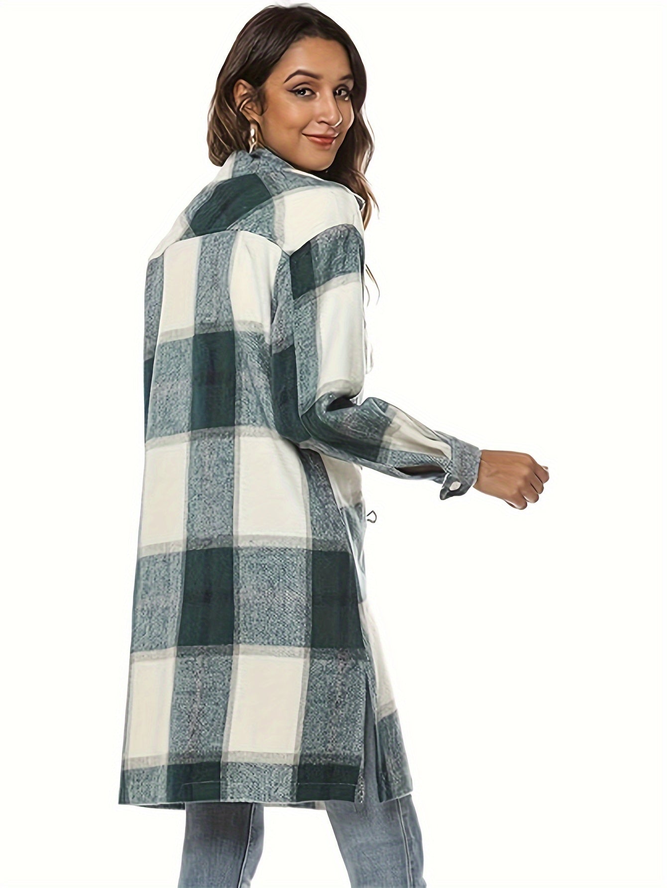 Plaid Print Button Up Shirt Jacket, Casual Turndown Collar Mid Length Outwear With Pocket, Women's Clothing MyFave Boutique