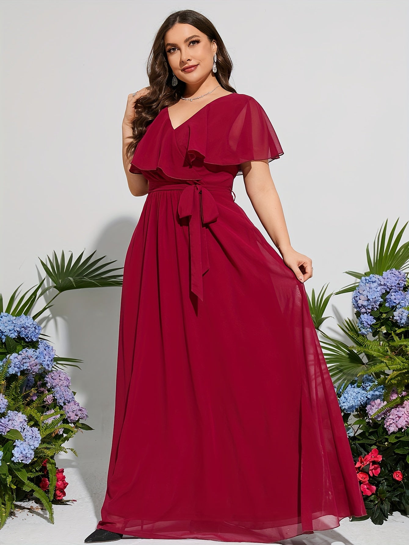 Elegant High-Waisted Long Evening Gown With V-Neck, Polyester Fabric, Four-Season Wear, Waist Belt, No Print, No Stretch MyFave Boutique