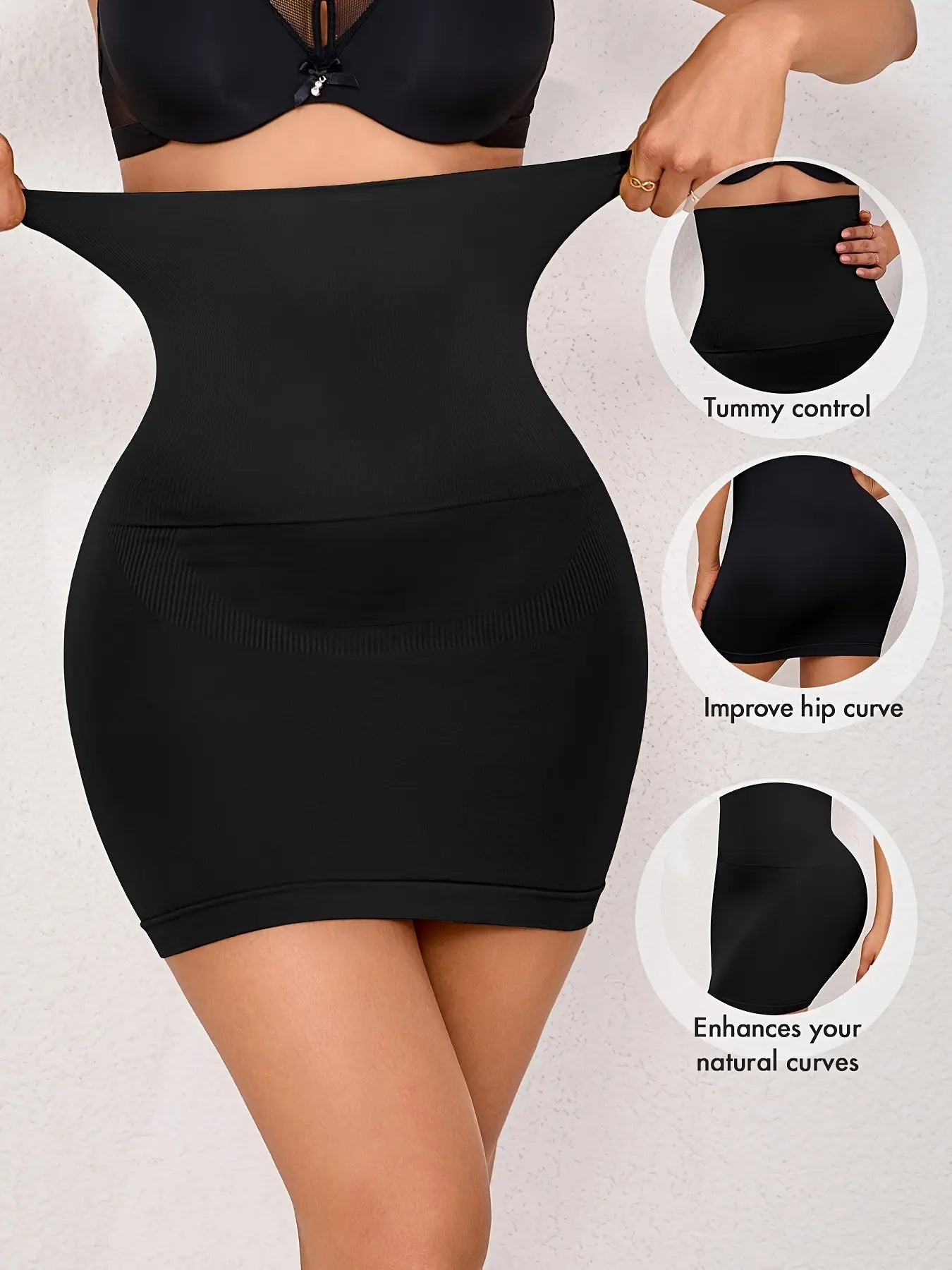 Women's Elegant High-Waist Tummy Control Half Slip Shaper with Hip Curve Enhancement, Solid Color Knit Skirt, Polyamide Blend (85% Polyamide, 15% Elastane), Single Pack MyFave Boutique