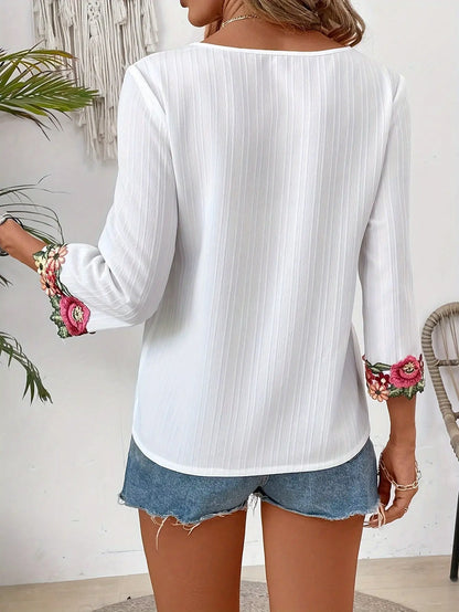 Floral Embroidered V-Neck 3/4 Sleeve Blouse for Women, Spring & Summer Elegant Blouse MyFave Boutique