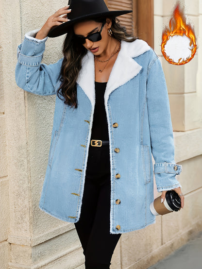 Plush Lined Thickened Lapel Long Sleeve Plain Light Washed Blue Denim Coat For Winter, Women's Denim Jeans & Clothing MyFave Boutique