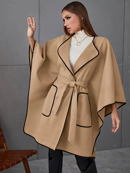 Contrast Trim Wrap Belted Lapel Coat, Elegant Long Batwing Sleeve Dual Pockets Longline Coat For Fall & Winter, Women's Clothing MyFave Boutique