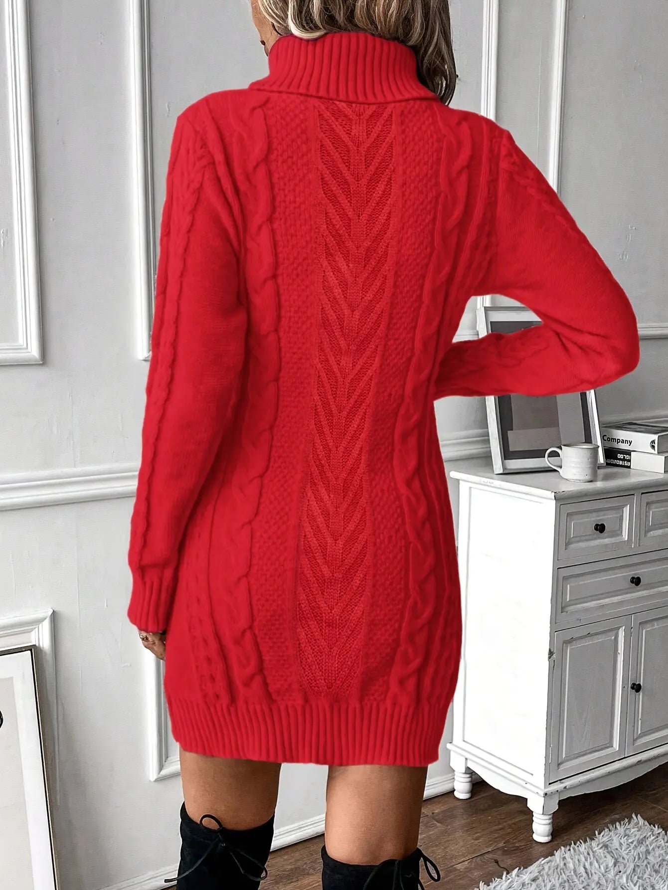 Cable Knit Turtle Neck Sweater Dress, Stylish Long Sleeve Solid Above Knee Knitted Dress For Fall & Winter, Women's Clothing MyFave Boutique