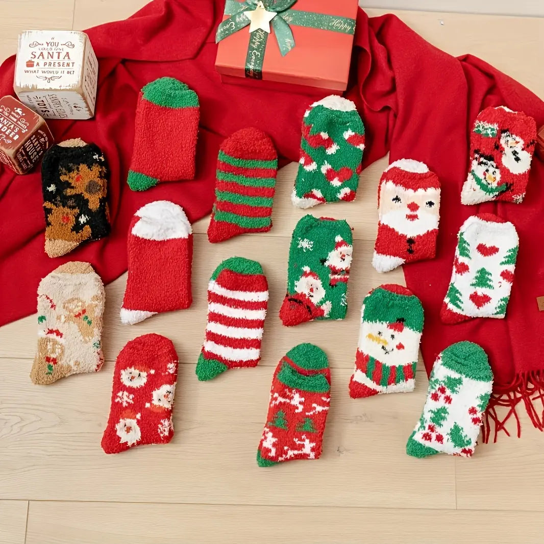 20pcs Cozy Coral Fleece Christmas Socks for Women - Cute & Warm Mid-Calf with Festive Reindeer & Santa Designs, Perfect for Holiday Gifting MyFave Boutique