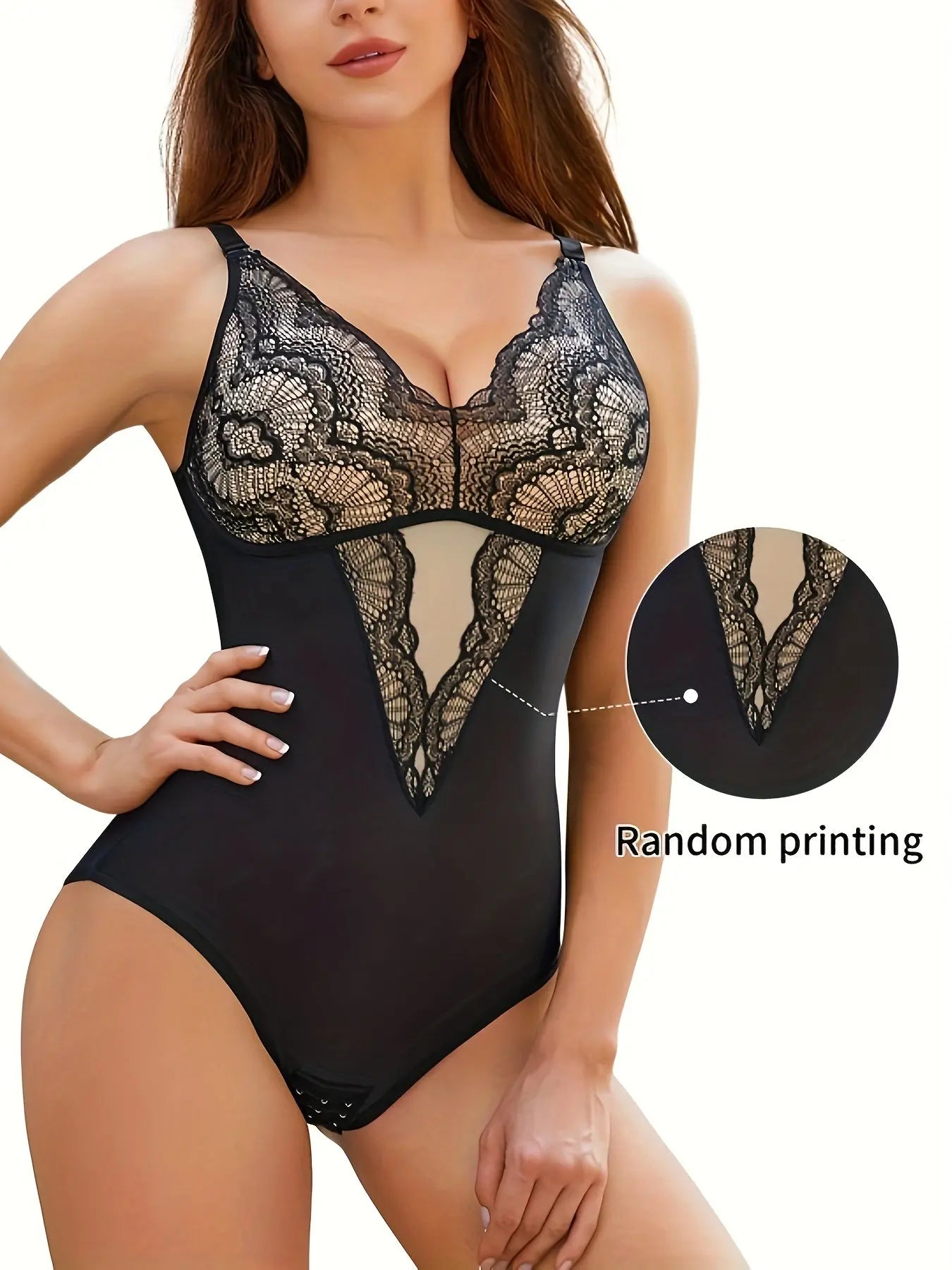 Contrast Lace Shaping Bodysuit, V Neck Sleeveless Slimming Body Shaper, Women's Underwear & Shapewear MyFave Boutique