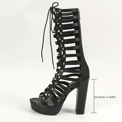 Women's Fashion Lace Up Heels, Strappy Platform Sandals, Lace-Up Open-Toe Roman Shoes, Platform Chunky Sole Slim Sandals MyFave Boutique