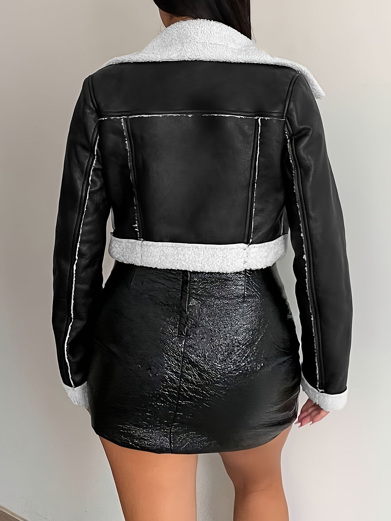 Open Front Mixed Media Jacket, Stylish Faux Leather Long Sleeve Lapel Crop Jacket For Fall & Winter, Women's Clothing MyFave Boutique