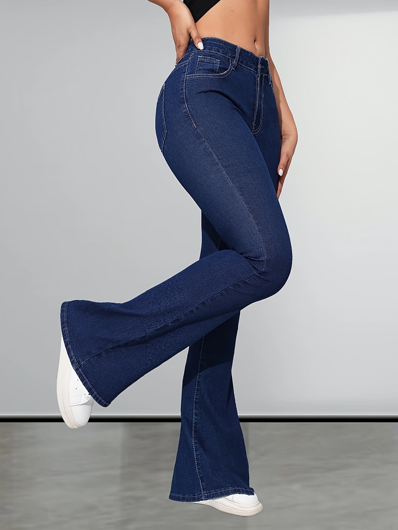 Women's High Waist Flare Jeans - Casual Stretch Denim Bell Bottom Pants with Button Fly, Solid Color, Long Length, All-Season Comfort - 70% Cotton, 27.6% Polyester, 2.4% Spandex MyFave Boutique