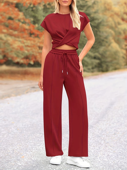 Women's Summer Two Piece Outfits Tracksuit Twist Front Crop Tops T Shirts Wide Leg Pants Matching Lounge Sets MyFave Boutique