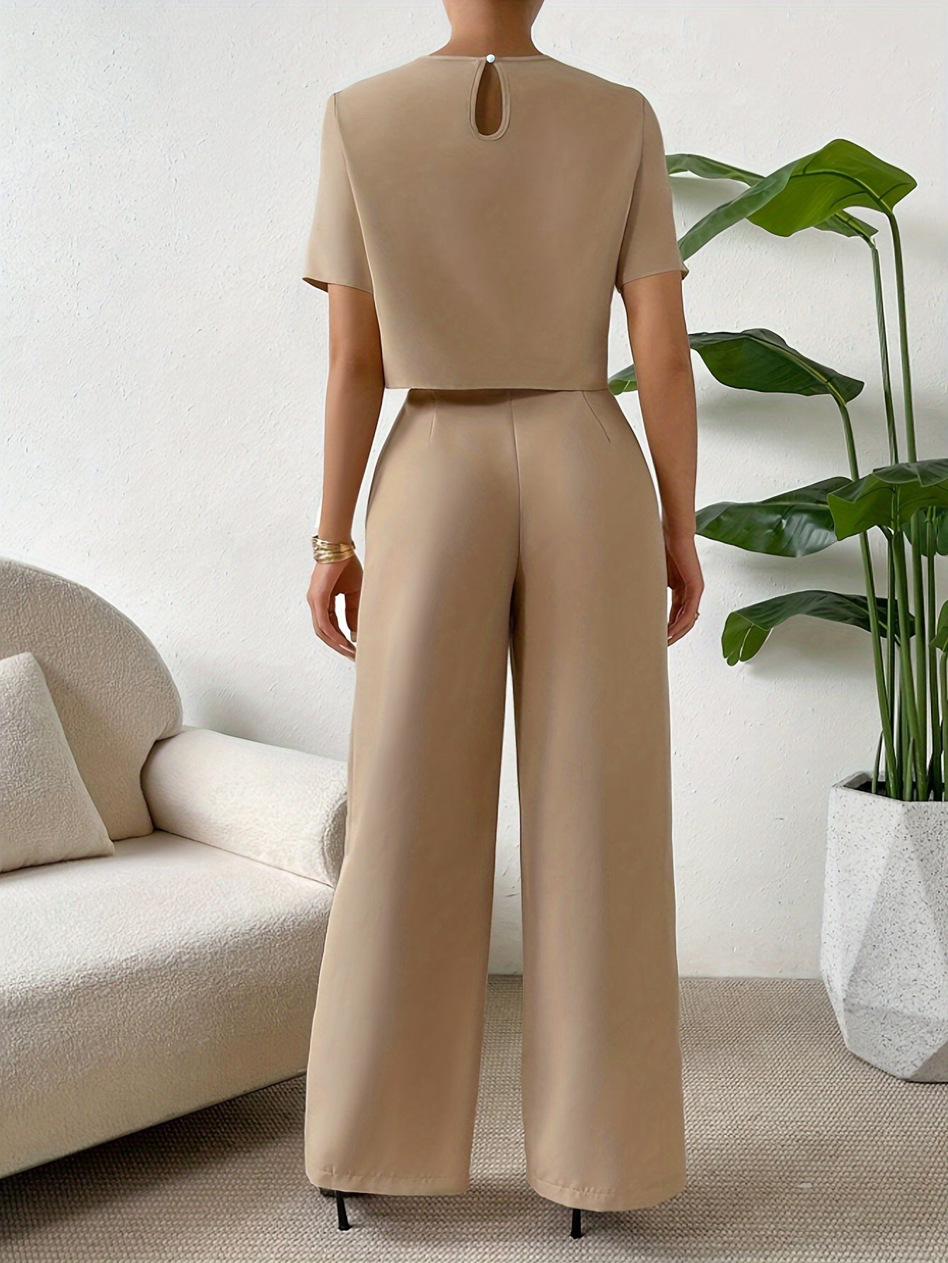 Elegant Simple Pants Set, Crew Neck Short Sleeve Crop T-shirt & Straight Leg High Waist Pants, Women's Clothing MyFave Boutique