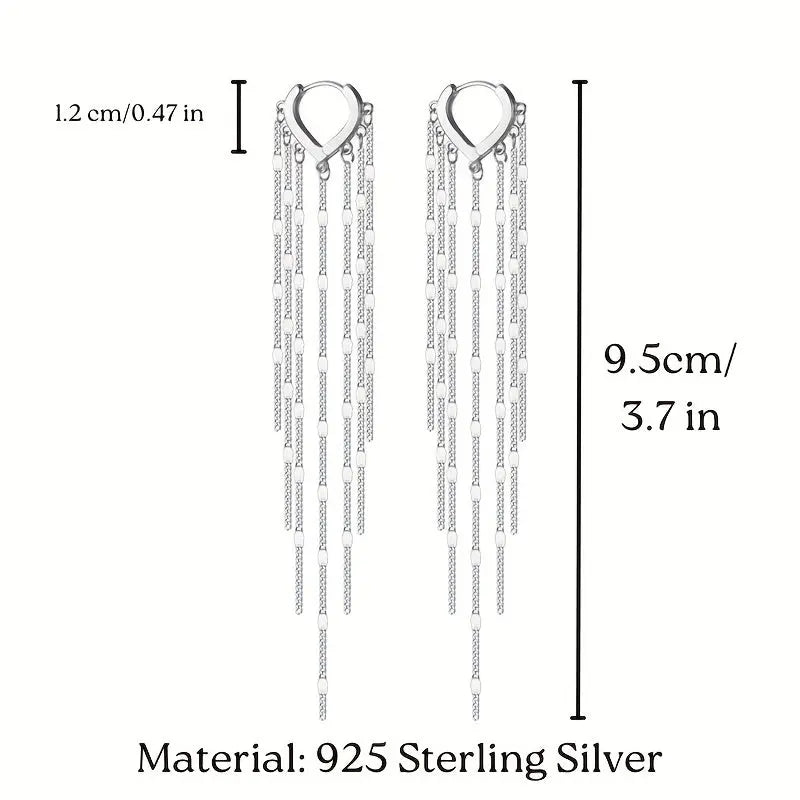 S925 Sterling Silver Ear Buckle Heart-Shaped Long Tassel Earrings, Elegant Fashionable Jewelry MyFave Boutique