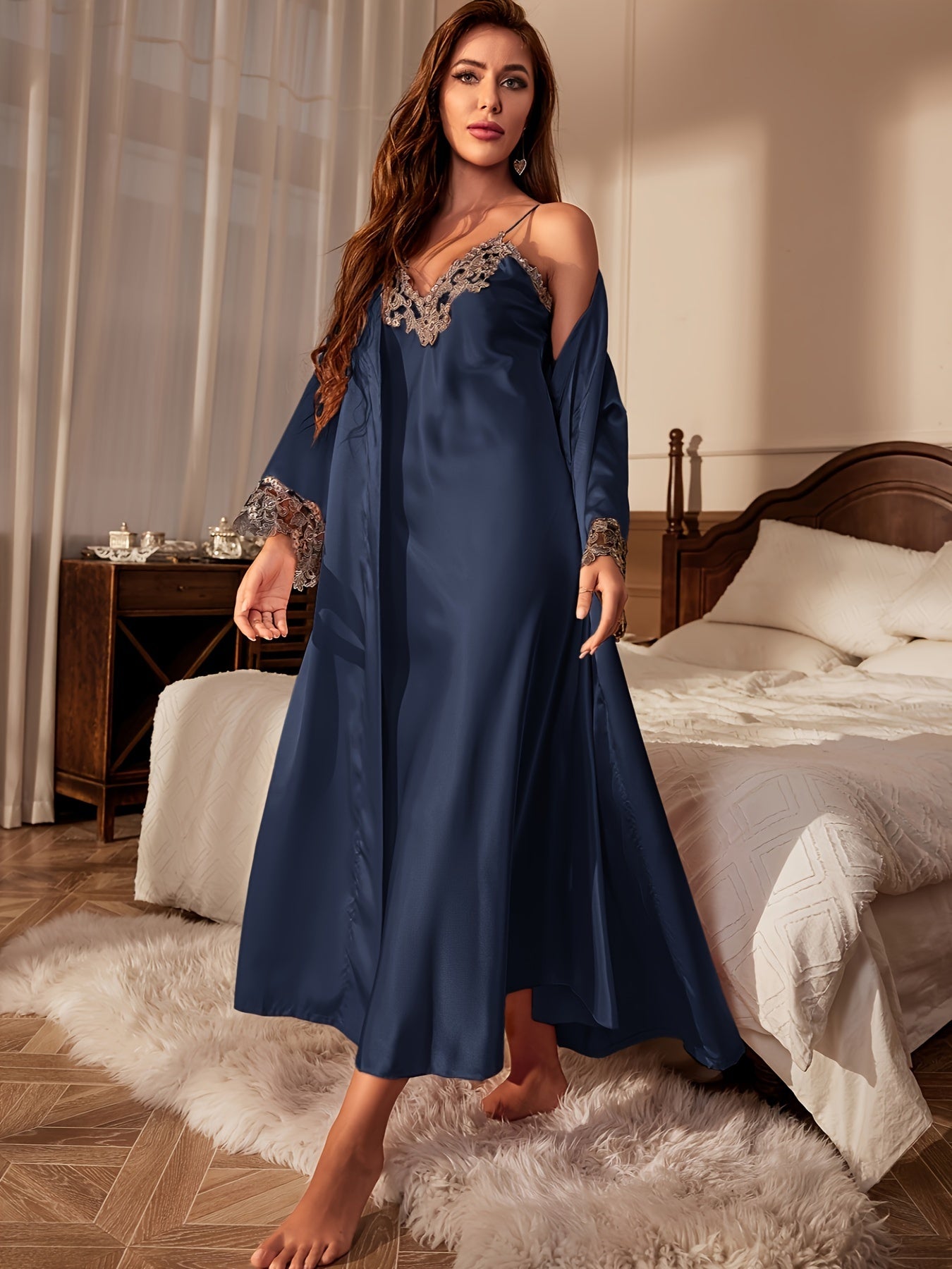 Luxurious Contrast Lace Satin Pajama Set with Long Sleeve Robe, Belt, and V-Neck Slip Dress - Perfect Women's Sleepwear and Loungewear for Ultimate Comfort and Style MyFave Boutique