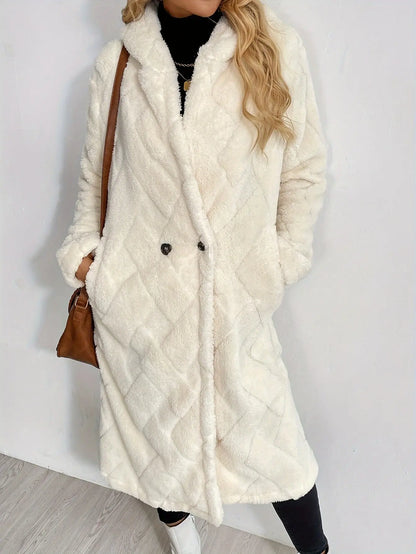 Elegant Apricot Long Sleeve Teddy Coat for Women - Cozy & Warm, Button-Up Fuzzy Outerwear with Pockets, Machine Washable, Polyester Blend, Perfect for Fall/Winter MyFave Boutique