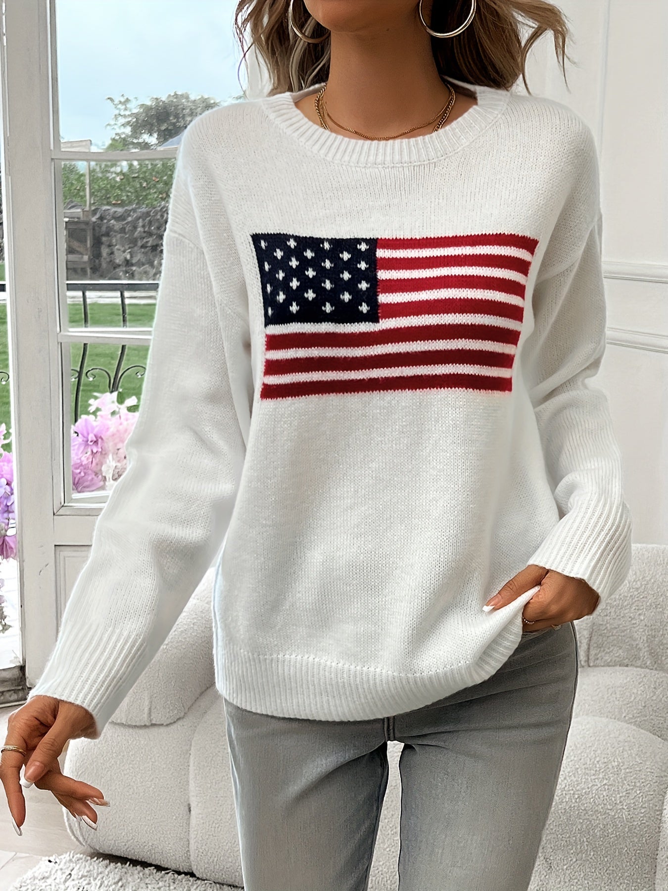 American Flag Pattern Crew Neck Sweater, Elegant Long Sleeve Sweater For Fall & Winter, Women's Clothing MyFave Boutique