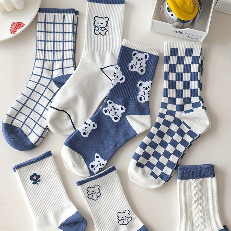 10 Pairs Cartoon Bear & Checkered Socks, Cute College Style Mid Tube Socks, Women's Stockings & Hosiery MyFave Boutique