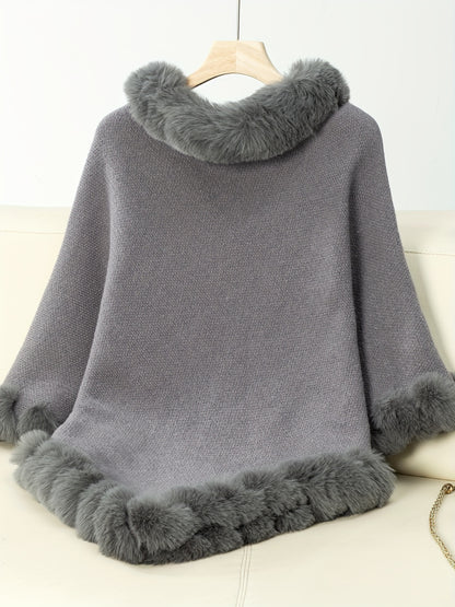 Faux Fur Trim Pullover Sweater, Casual Batwing Sleeve Irregular Hem Warm Sweater For Fall & Winter, Women's Clothing MyFave Boutique