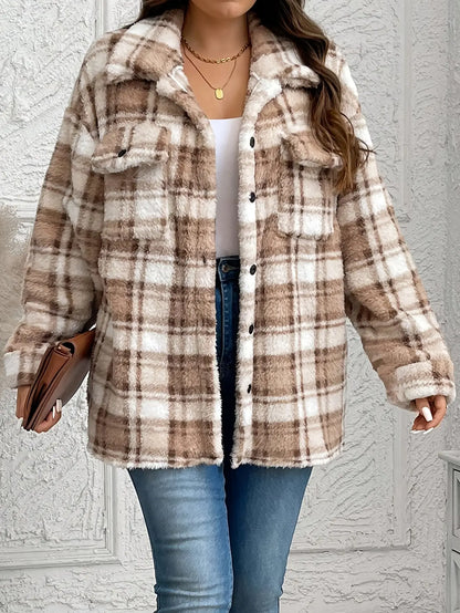 Elegant Women's Plaid Fleece-Lined Jacket - Casual Shirt Style with Pockets, Machine Washable - Perfect for Fall/Winter MyFave Boutique