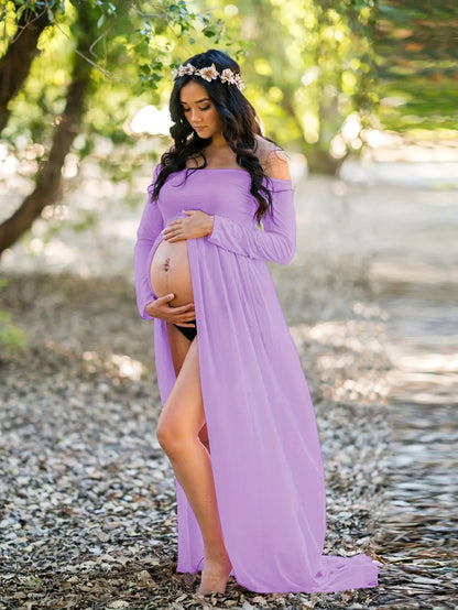 Maternity Solid Color Off The Shoulder Design Dress, Thin Comfy Sexy Stretchy Long Sleeve Pregnant Women's Clothing MyFave Boutique