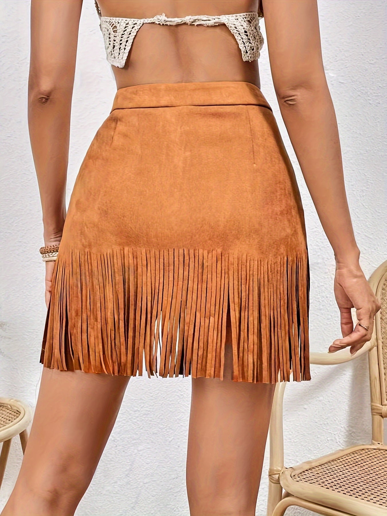 Solid Fringe Hem Studded Skirt, Vintage High Waist Slim Skirt For Spring & Fall, Women's Clothing MyFave Boutique