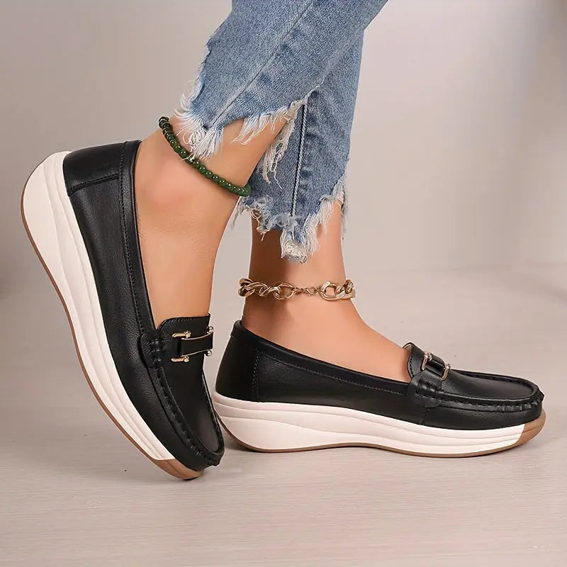 Women's Metallic Buckle Decorated Flat Shoes, Fashionable And Comfortable Soft Soled Shoes, Versatile Casual Women's Loafers MyFave Boutique