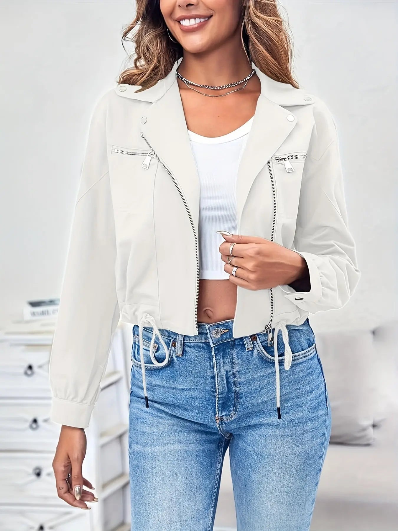 Zip Up Drawstring Crop Jacket, Casual Lapel Neck Long Sleeve Jacket For Spring & Fall, Women's Clothing MyFave Boutique