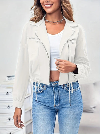 Zip Up Drawstring Crop Jacket, Casual Lapel Neck Long Sleeve Jacket For Spring & Fall, Women's Clothing MyFave Boutique