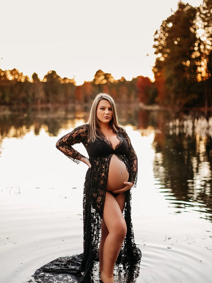 Sexy Sheer Lace Maternity Dress - V-Neck With Long Sleeves & Oversized Hem For Pregnant Women MyFave Boutique