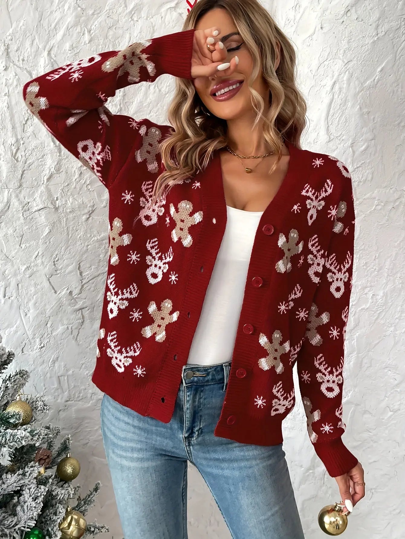 Christmas Pattern Button Down Knit Cardigan, Elegant V Neck Long Sleeve Sweater, Women's Clothing MyFave Boutique