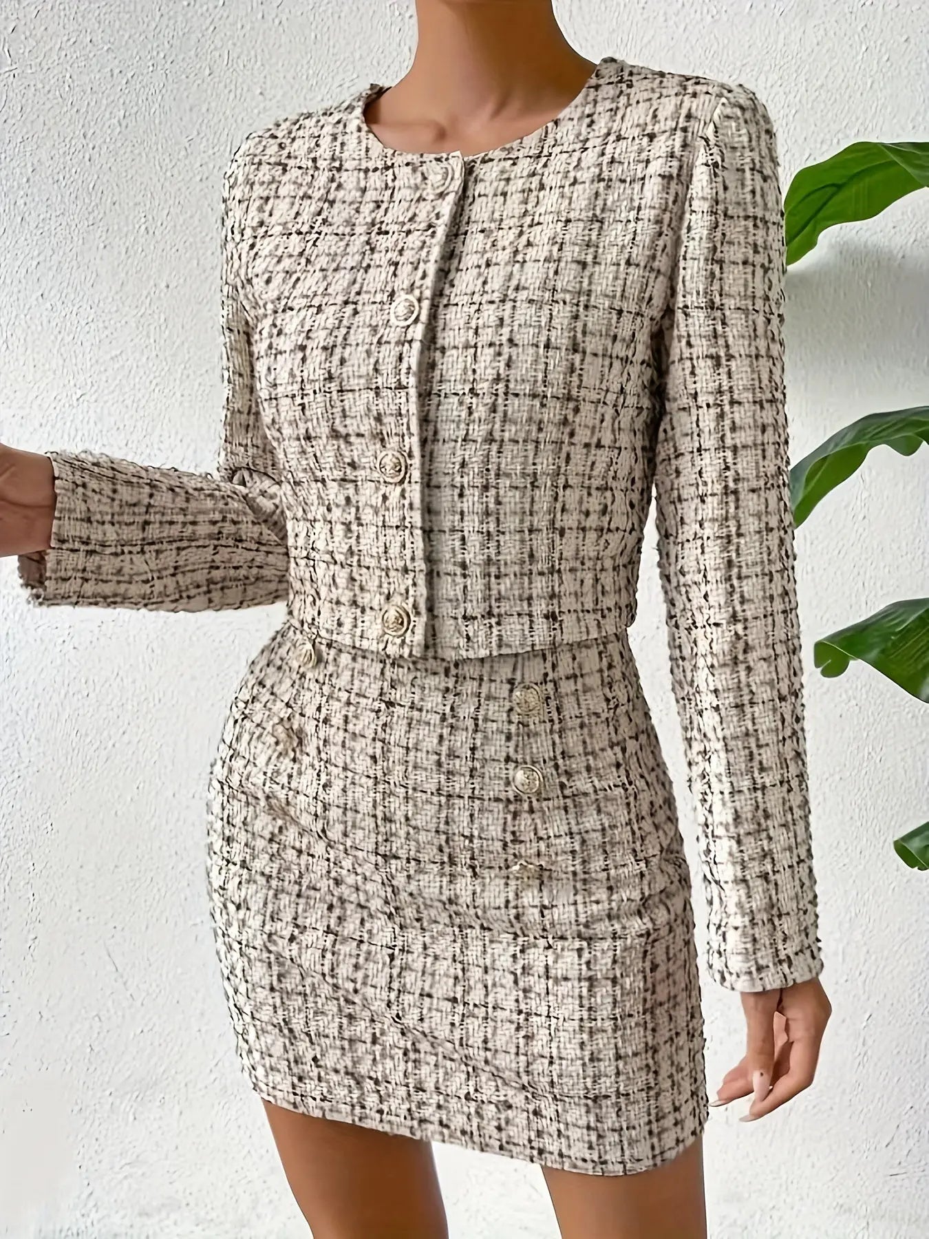 Elegant Plaid Pattern Skirt Set, Single Breasted Long Sleeve Outwear & High Waist Slim Skirt, Women's Clothing MyFave Boutique