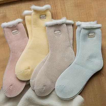 4pcs Women's Cozy Fleece-Lined Mid-Calf Socks - Breathable, Warm & Soft Solid Color with Embroidered Detail MyFave Boutique