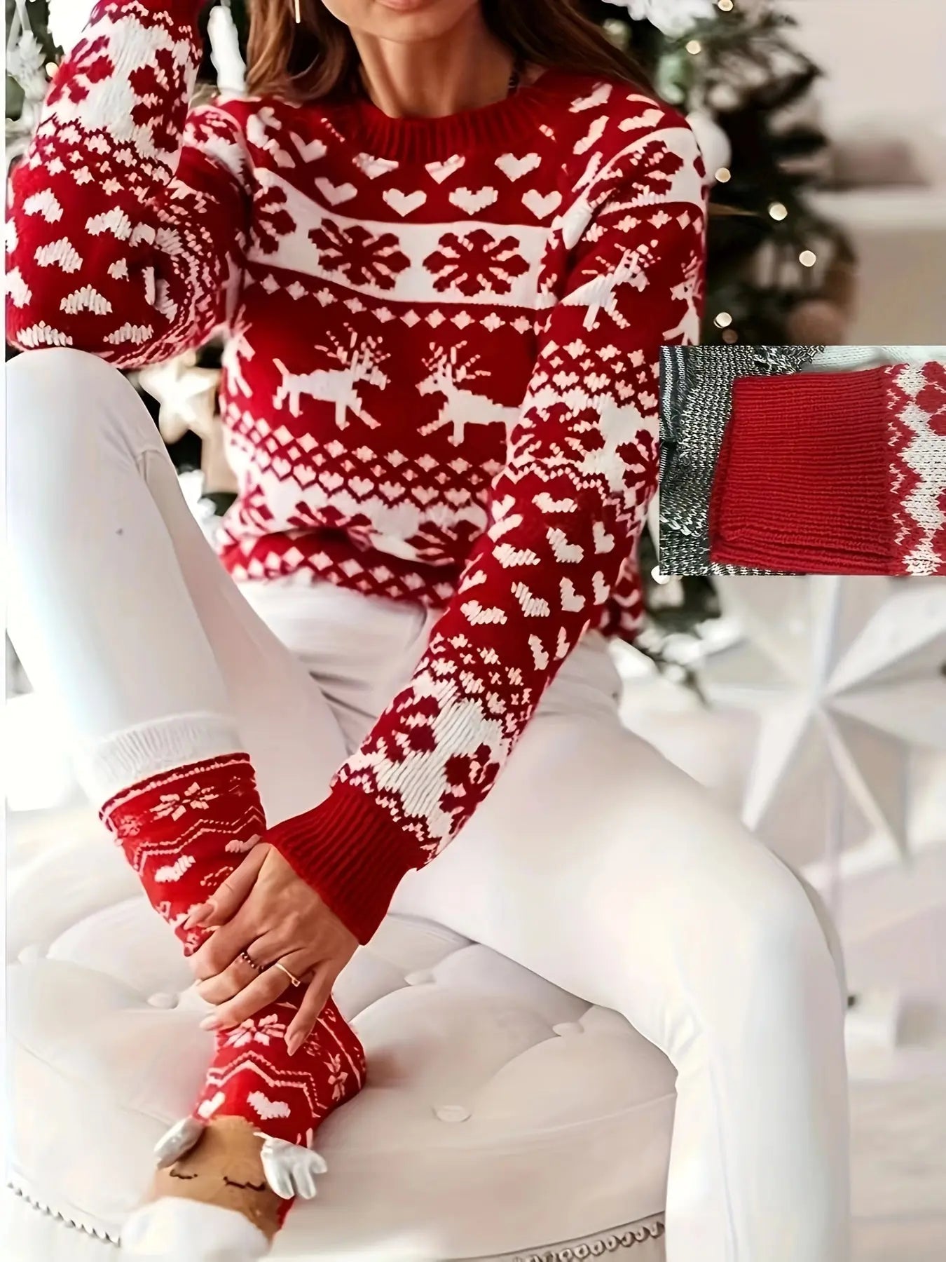 Elegant Red Reindeer & Snowflake Crew Neck Sweater - Cozy Thick Knit Pullover for Women, Perfect for Christmas MyFave Boutique