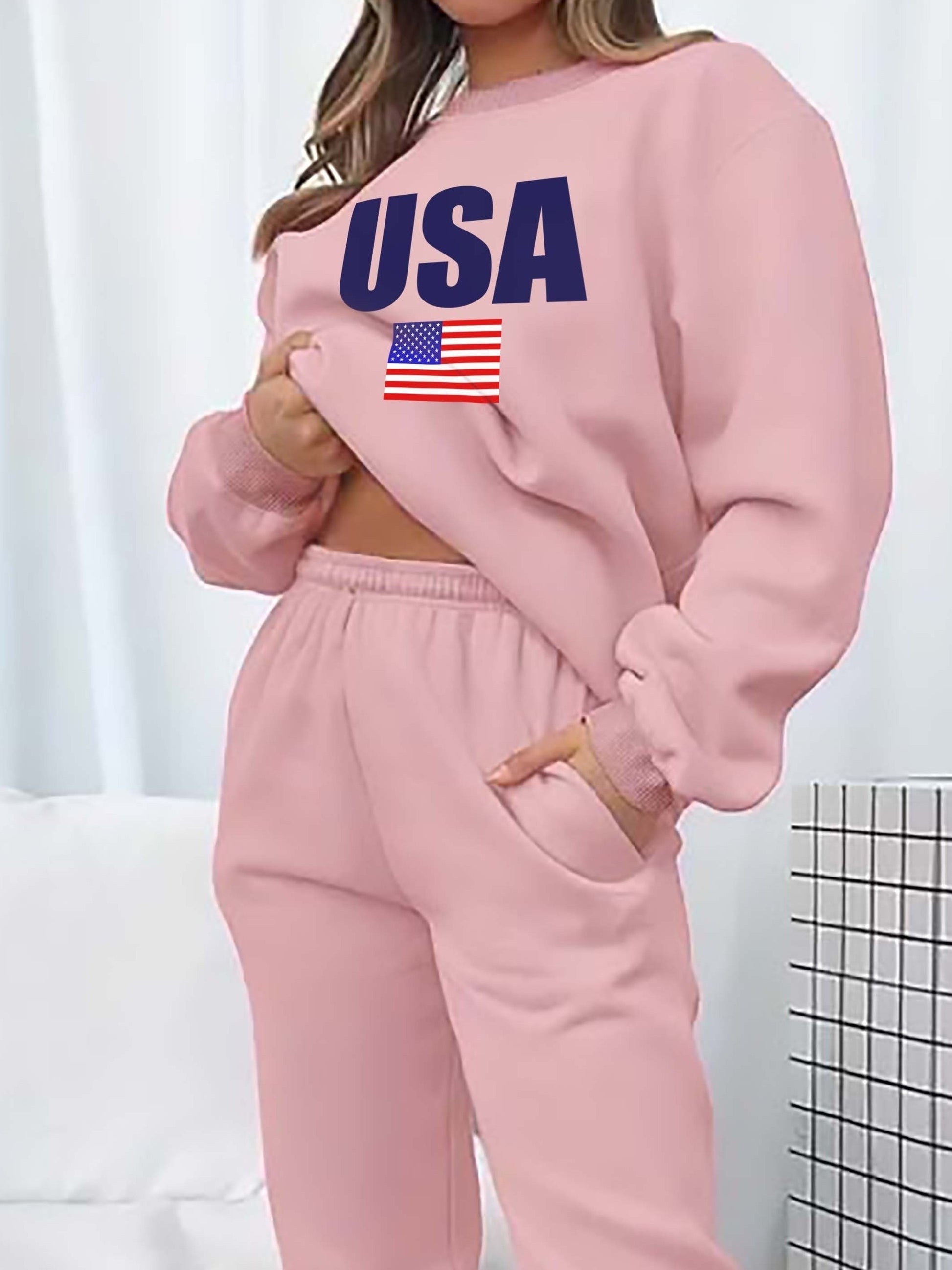 two-piece Women's Flag Print Fleece Set - Cozy Long Sleeve Sweatshirt and Jogger Sweatpants for Casual Comfort MyFave Boutique