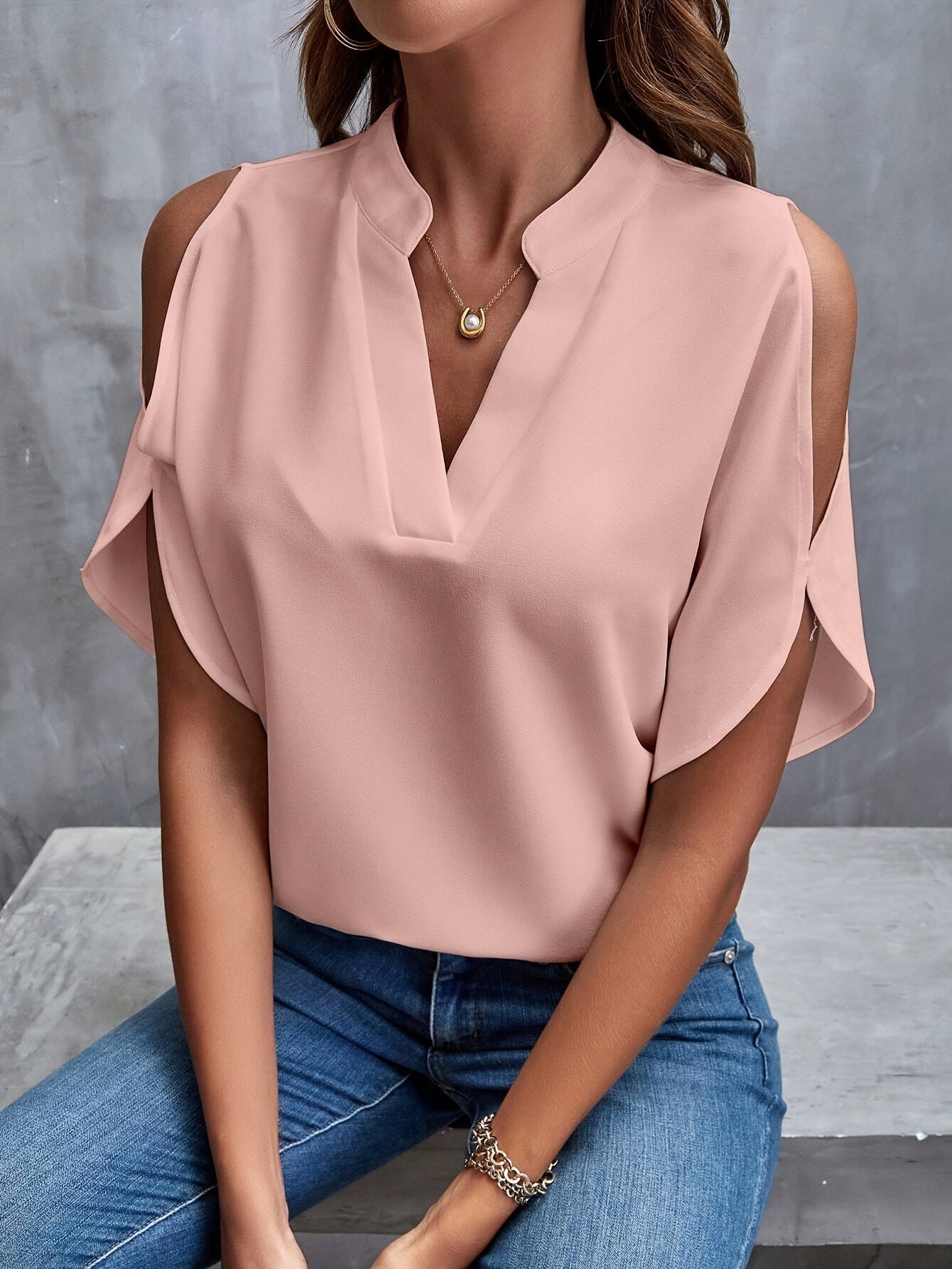 Women's Casual V-Neck Blouse with Cut-Out Shoulder Detail, Dressy Summer Top for Business or Casual Wear MyFave Boutique