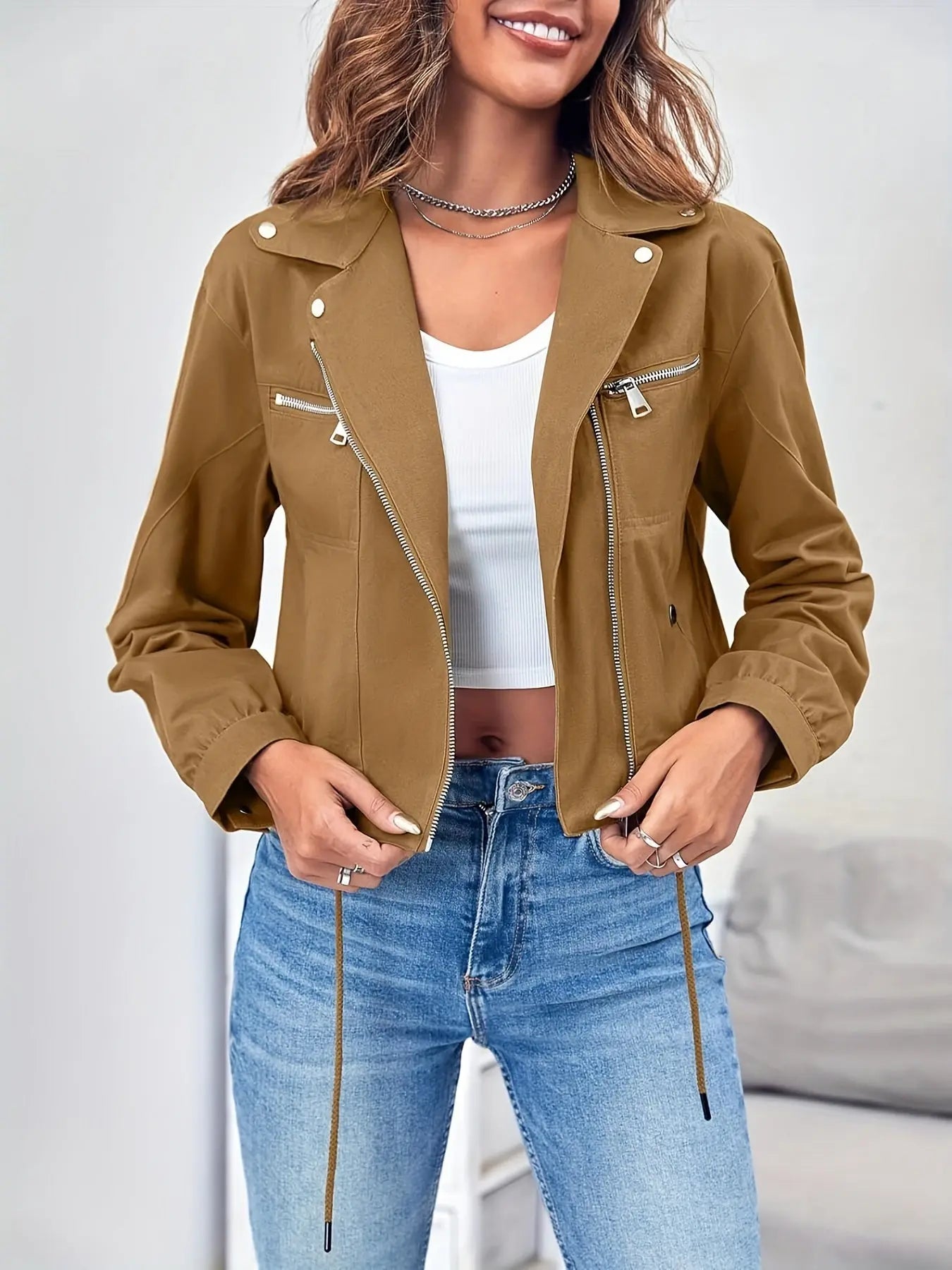 Zip Up Drawstring Crop Jacket, Casual Lapel Neck Long Sleeve Jacket For Spring & Fall, Women's Clothing MyFave Boutique