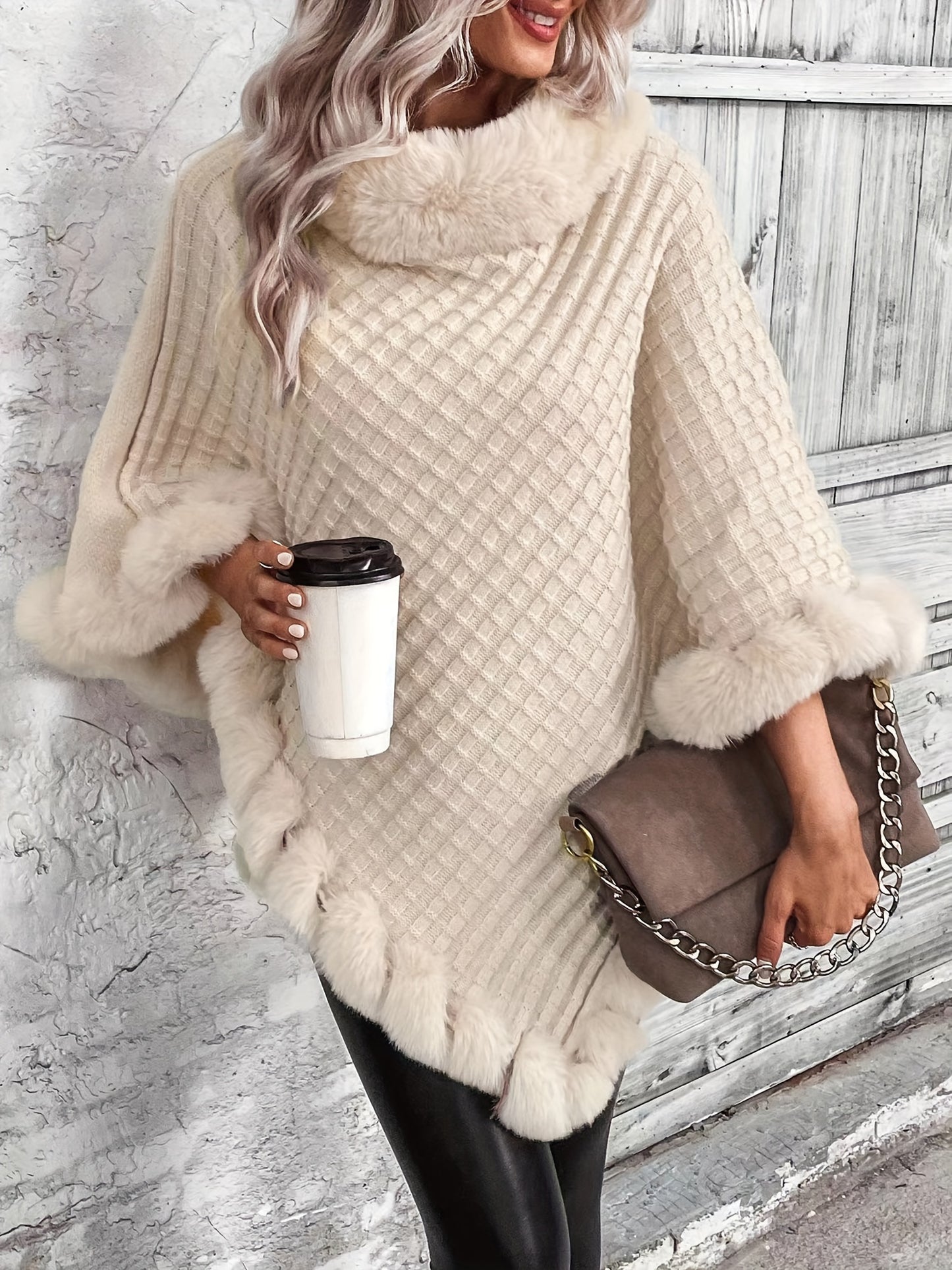 Solid Waffle Grid Fuzzy Trim Poncho, Elegant Thermal Hanky Hem Crew Neck Cape For Fall & Winter, Women's Clothing MyFave Boutique