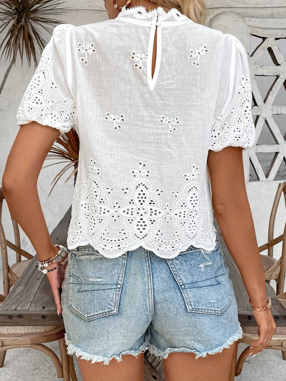 Eyelet Embroidered Scallop Trim Blouse, Elegant Short Sleeve Solid Blouse For Spring & Summer, Women's Clothing MyFave Boutique