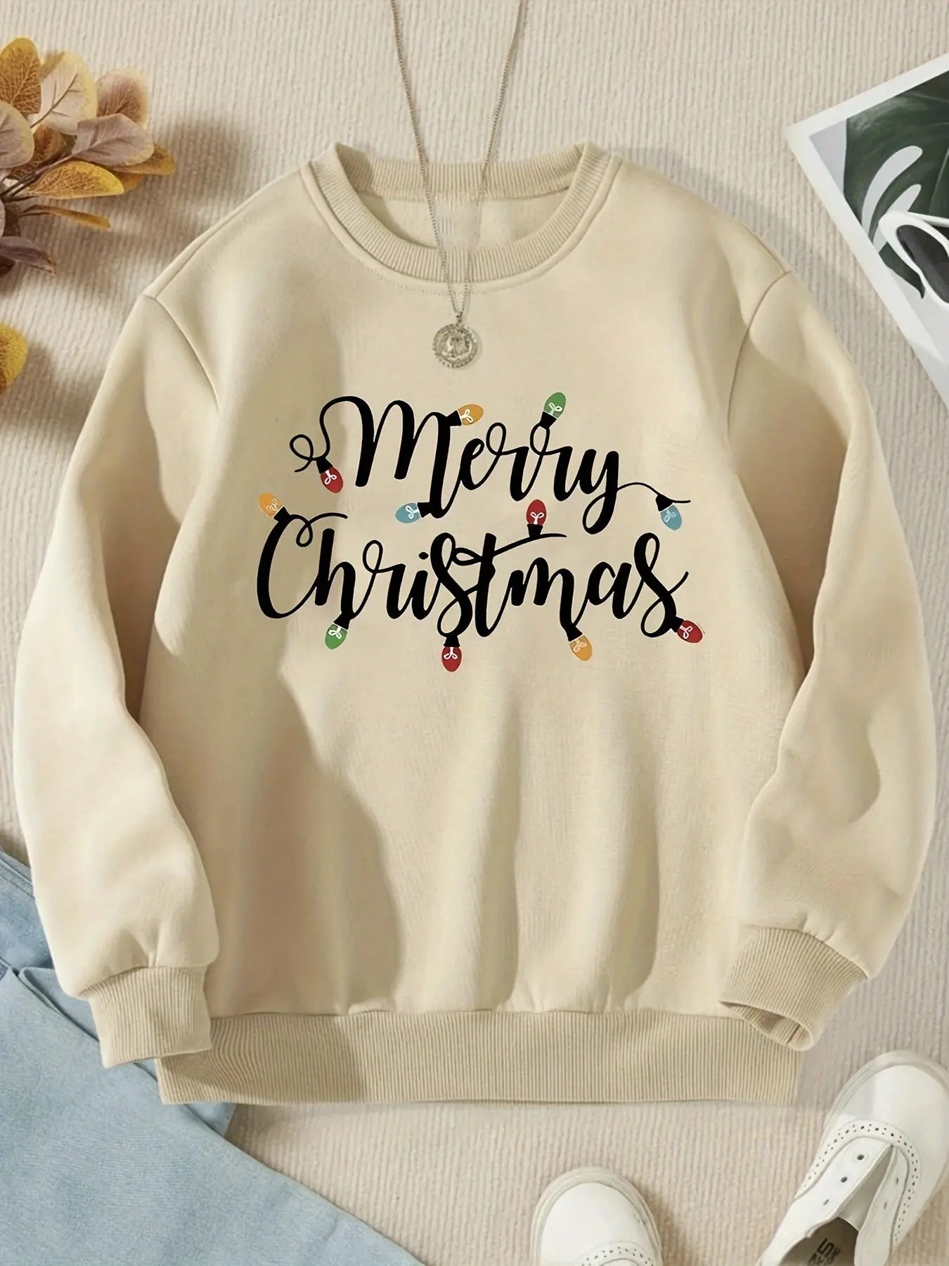 Merry Christmas Print Pullover Sweatshirt, Casual Long Sleeve Crew Neck Sweatshirt For Fall & Winter, Women's Clothing MyFave Boutique