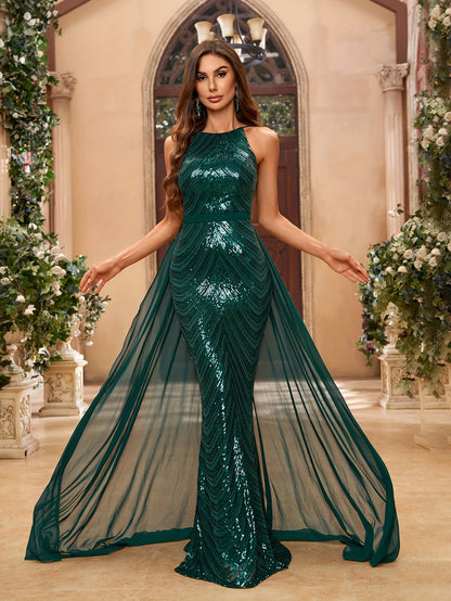 Long Sleeveless Luminous Evening Gown With Backless Design, Polyester And Elastane Blend, Elegant And Chic For Women MyFave Boutique