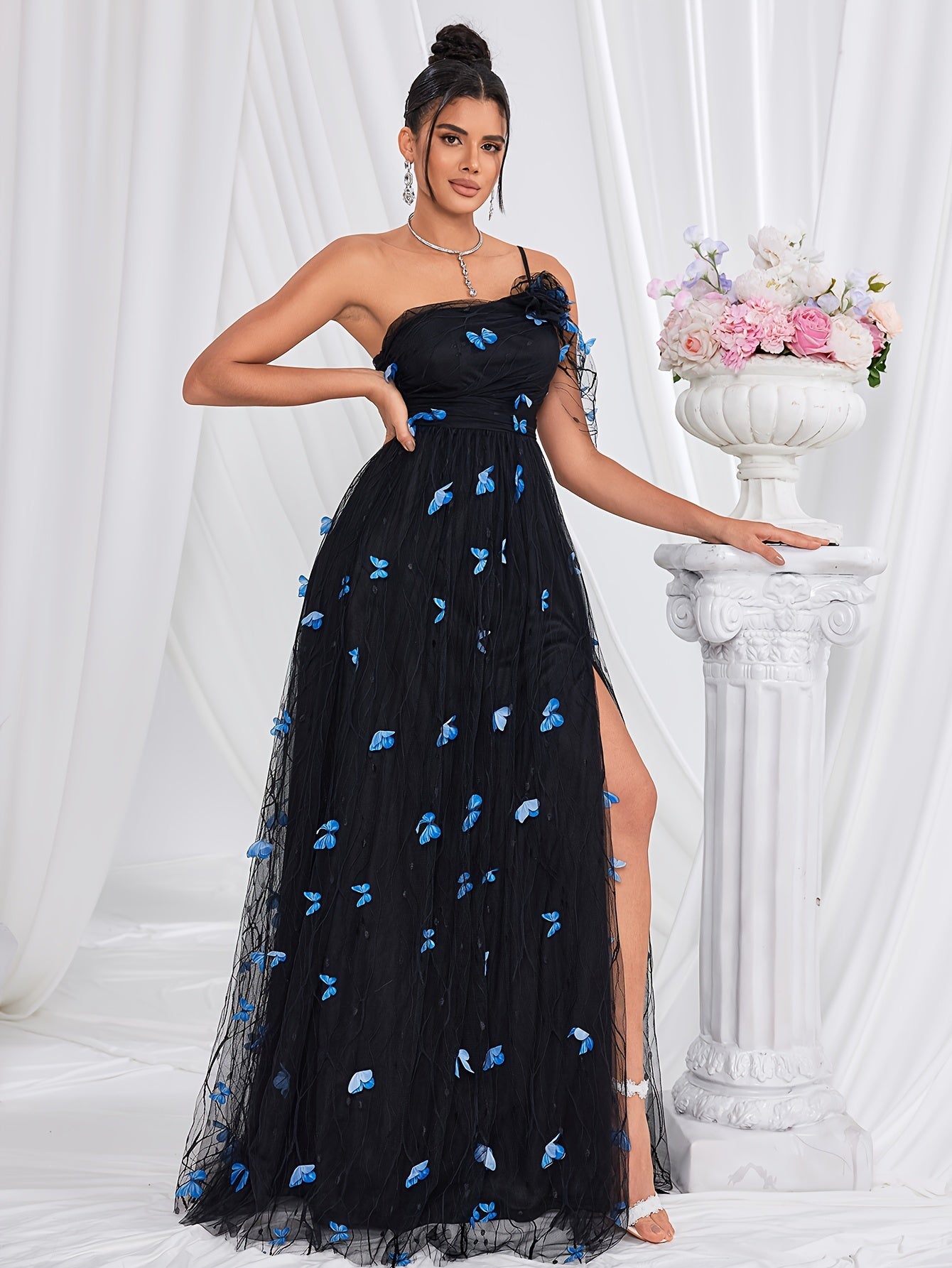 Butterfly Applique One Shoulder Dress, Elegant Split Thigh Floor Length Evening Dress For Party & Banquet, Women's Clothing MyFave Boutique