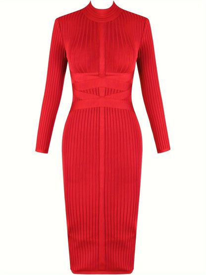 Women's Long Sleeves Cross Strap Ribbed Club Party Midi Bodycon Bandage Dress MyFave Boutique