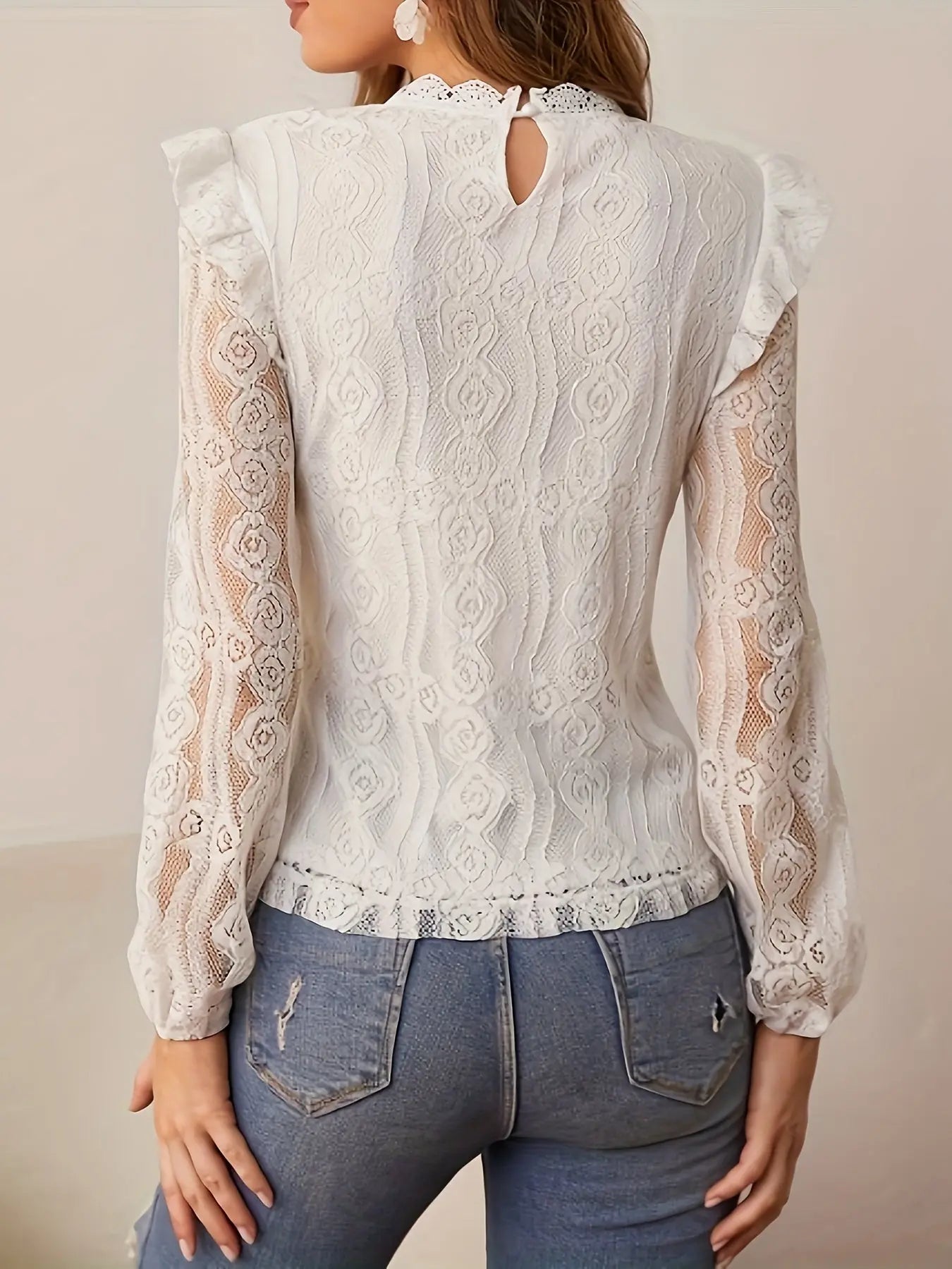 Guipure Lace Crew Neck Blouse, Elegant Long Illusion Sleeve Top For Spring & Fall, Women's Clothing MyFave Boutique