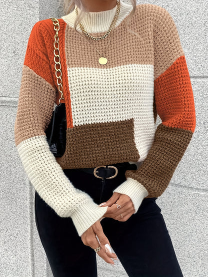 Color Block Mock Neck Sweater, Stylish Drop Shoulder Long Sleeve Sweater For Fall & Winter, Women's Clothing MyFave Boutique