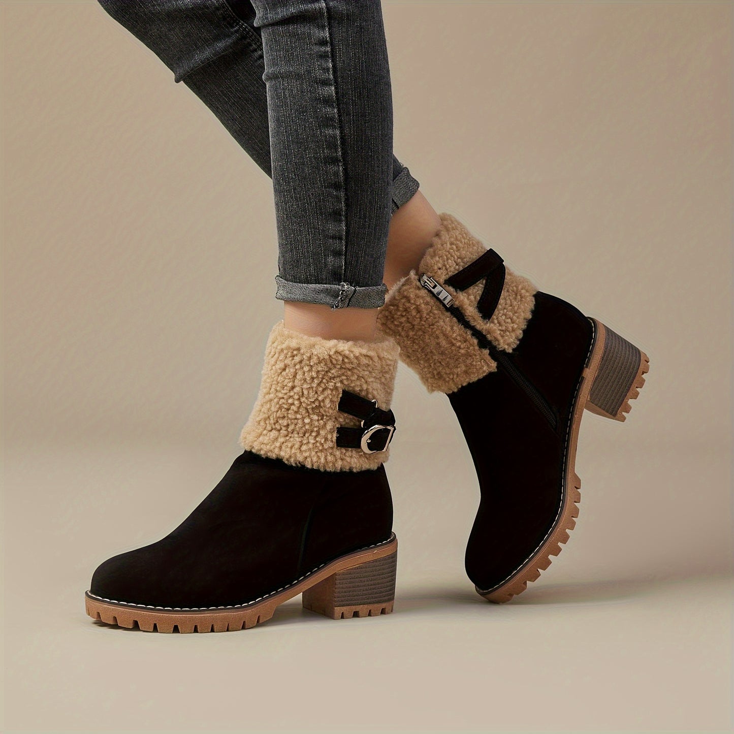 Women's Chunky Heel Short Boots, Casual Side Zipper Plush Lined Boots, Comfortable Winter Ankle Boots MyFave Boutique