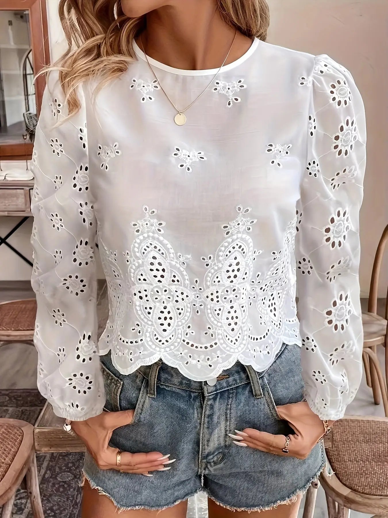 Eyelet Lace Trim Long Sleeve Crew Neck Blouse, Elegant Spring/Fall Women's Blouse MyFave Boutique