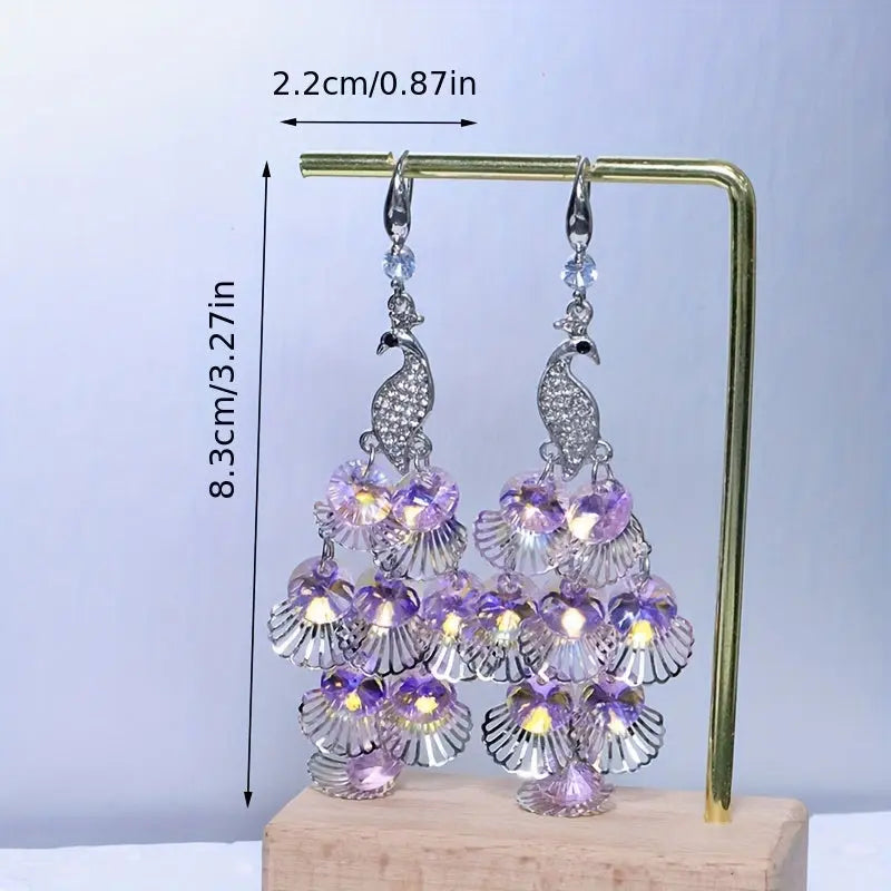 Elegant Peacock Crystal Drop Earrings with Silvery HollowLeaf Tassels - Gorqeous Rhinestone Accents, Suitable for daily and party wear MyFave Boutique