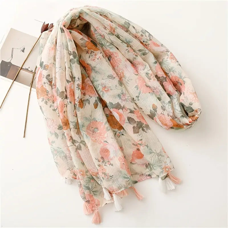 Beautiful Floral Print Scarves Women's Fashion Autumn/Winter Linen Pink Printed Fringe Scarf MyFave Boutique