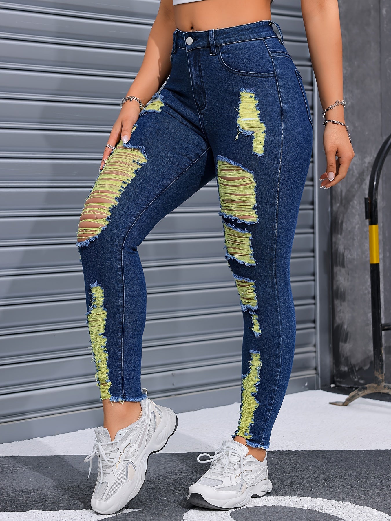 Stretchy Ripped Distressed Skinny Fit Denim Jeans - Mid-Rise Waist, Elastic Fabric, Faded Wash, Trendy Ripped Knee Details - Fashionable and Comfortable Pants for Casual Wear MyFave Boutique