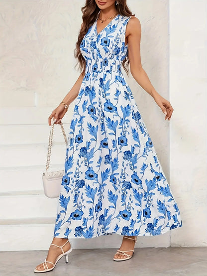 Floral Print V-neck Dress: Elegant A-line Sleeveless Maxi Dress for Spring & Summer, Women's Clothing MyFave Boutique